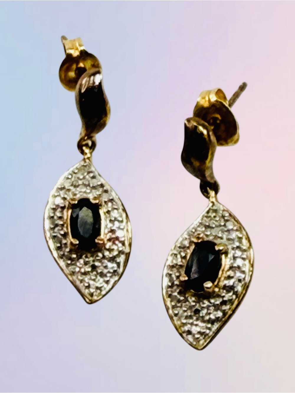 Dark Blue Sapphire Over Sterling Silver 925 Signed WM Stud Dangle Drop Earrings